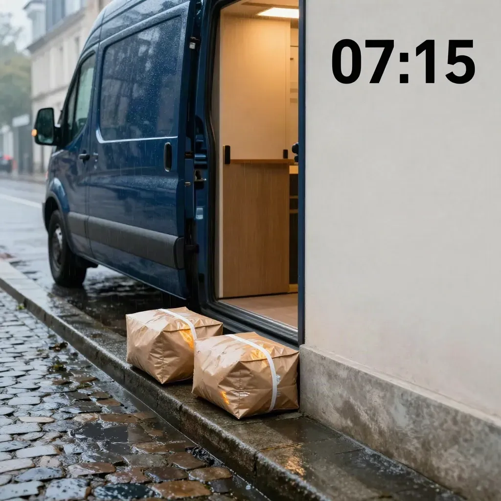 Fourgon bleu nuit et colis kraft sous la pluie, devant une porte éclairée à l’aube.