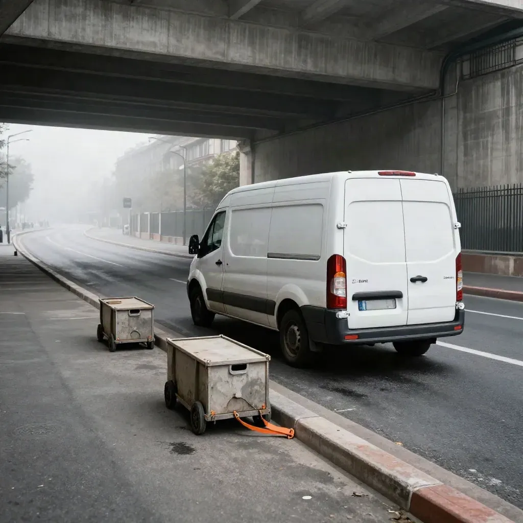 Fourgon navette blanche sous un pont urbain, avec deux caisses de livraison au bord de la route.