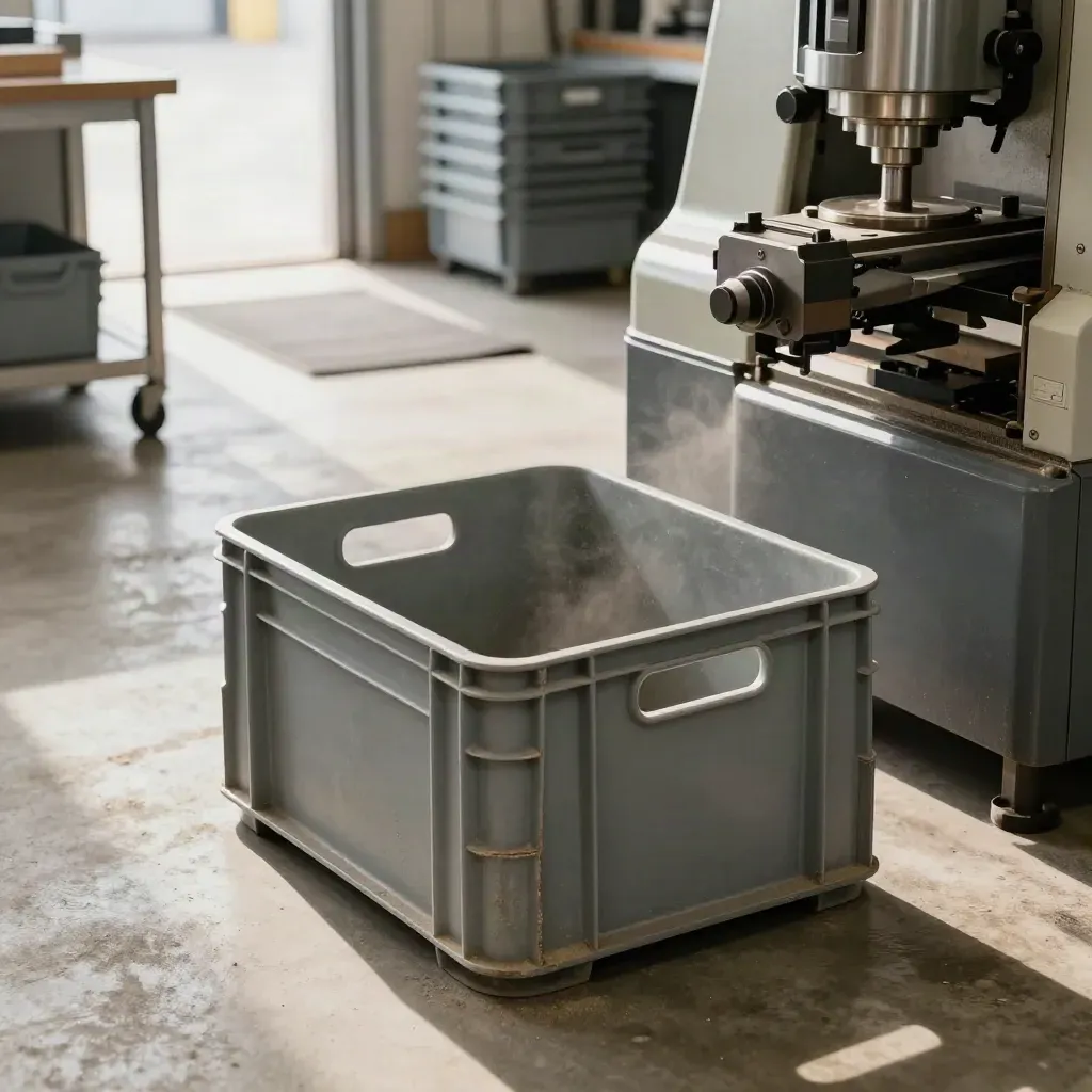 Caisse de pièces vide près d’une machine d’atelier en marche et d’une allée d’expédition nette.