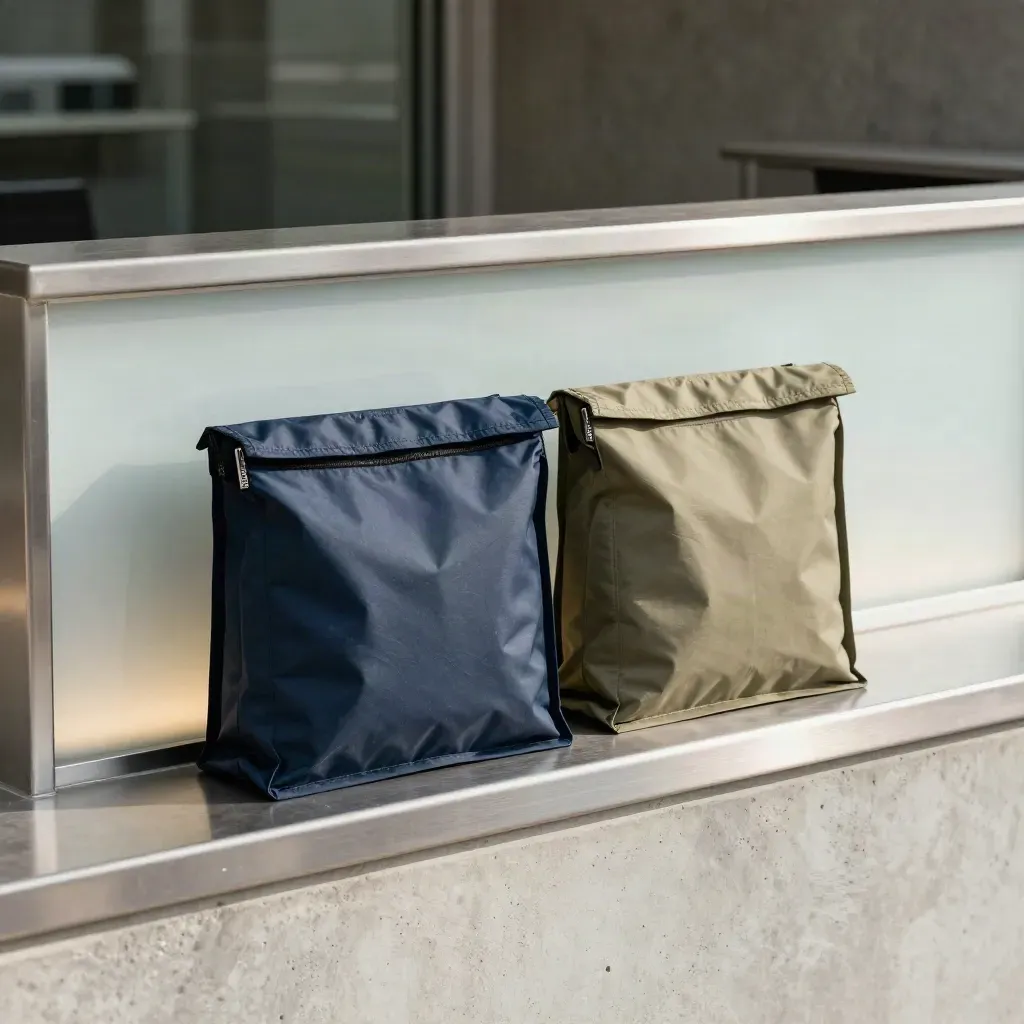 Deux pochettes courrier scellées au comptoir, derrière une vitre dépoli, lumière dramatique.