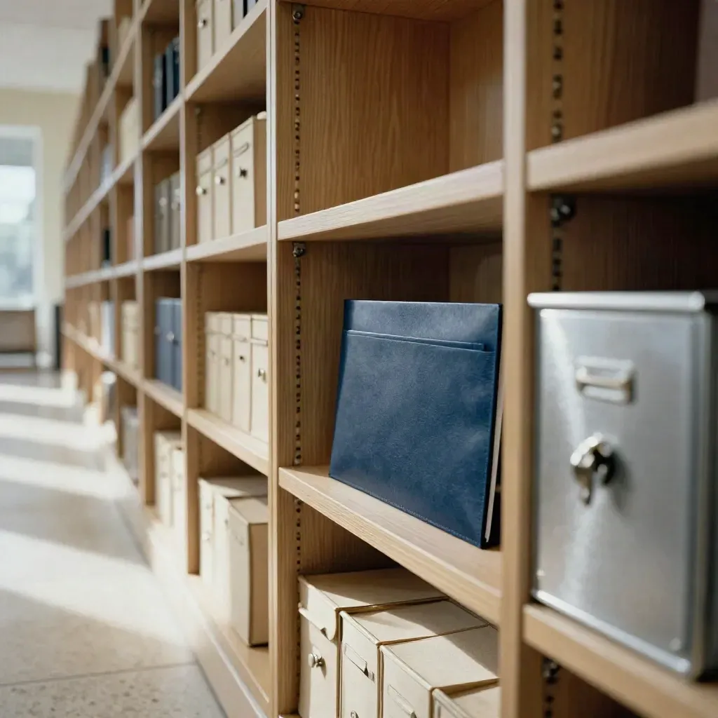 Étagère de courrier d’un cabinet d’avocats, pochette scellée et couloir calme en perspective.