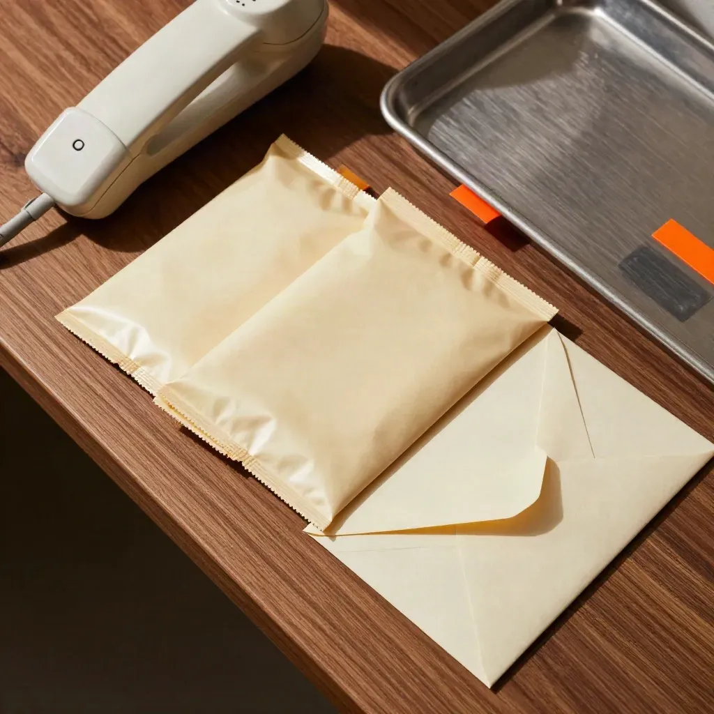 Vue zénithale de pochettes courrier, téléphone de bureau et enveloppes sur un plan de travail en bois.