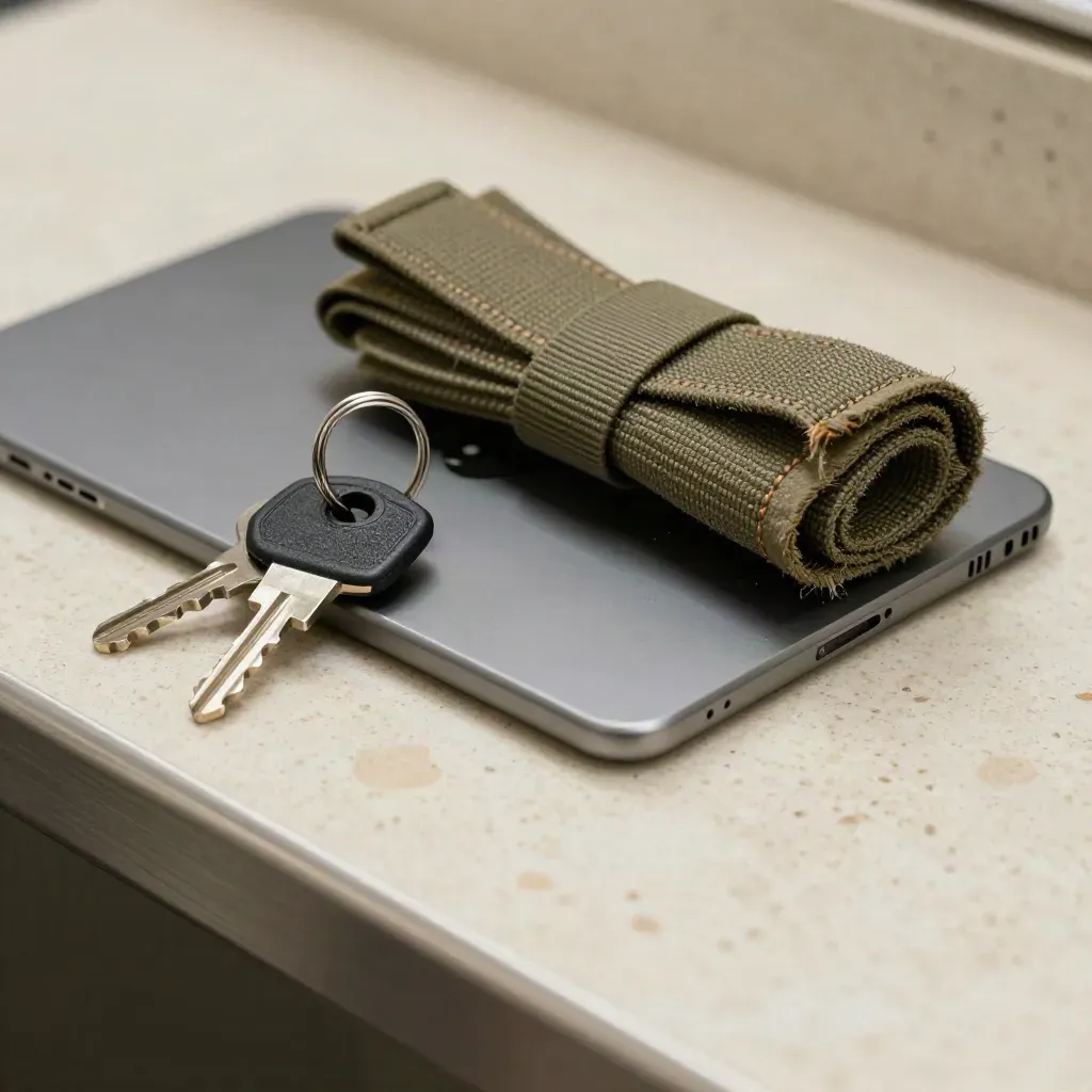 Tablette de tournée, clés de fourgon et sangle de chargement sur un banc de dispatch en travertin.