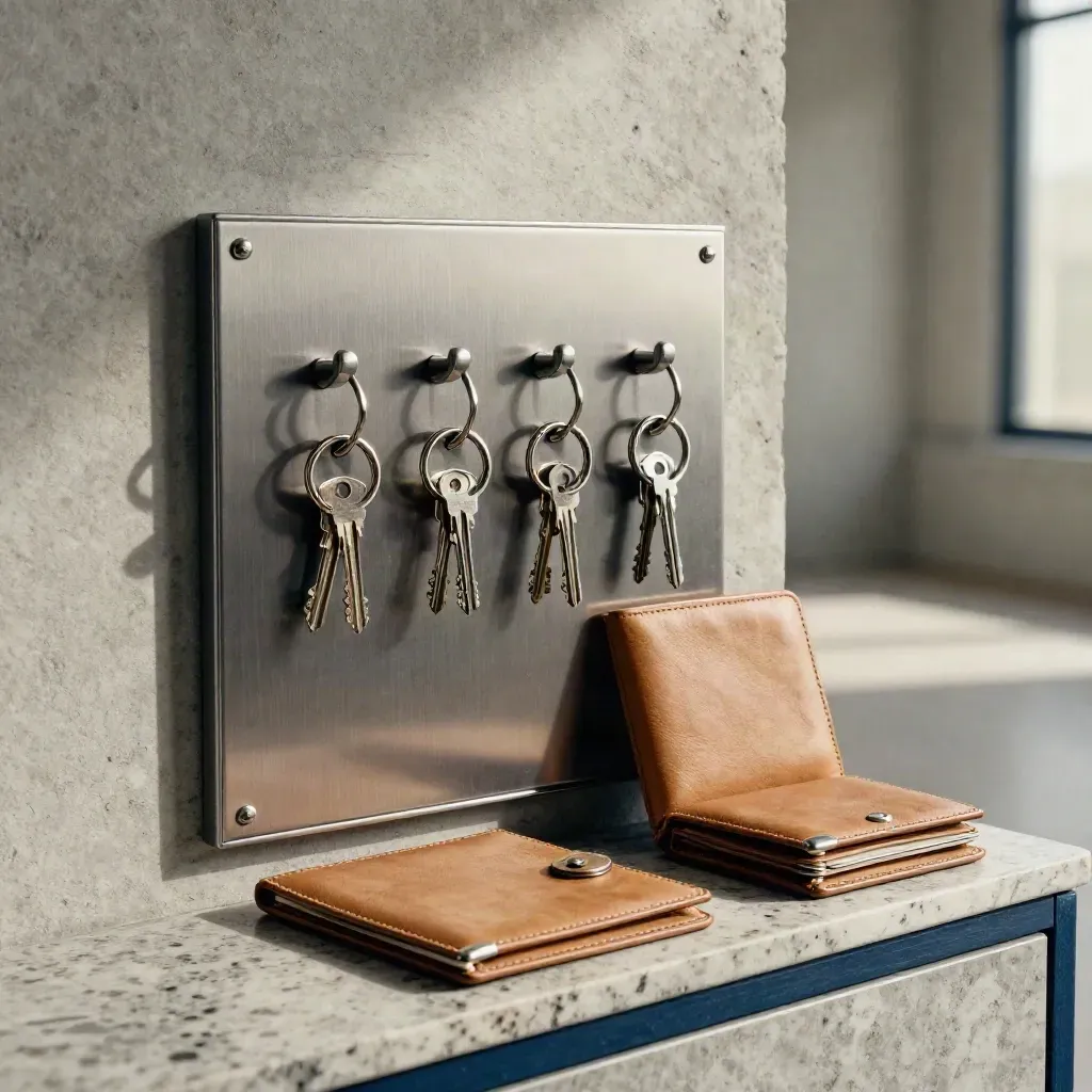 Casiers à clés, clés groupées et pochettes closes sur une console de pierre