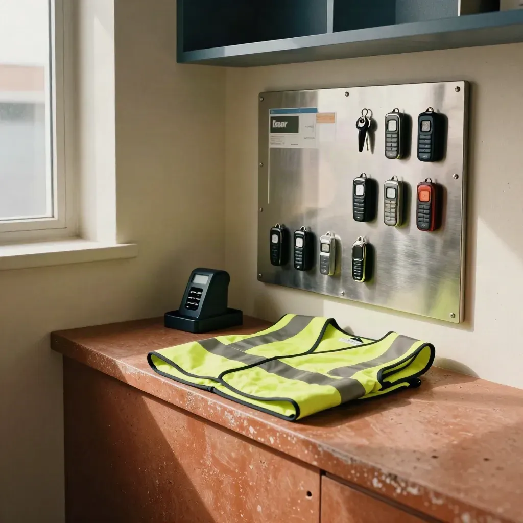 Kit d’exploitation courrier avec aimants de tournée, clés, socle de charge et gilet jaune plié.