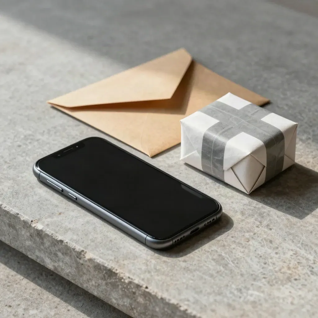 Smartphone face cachée, enveloppe scellée et petit colis sur une dalle de pierre mate.