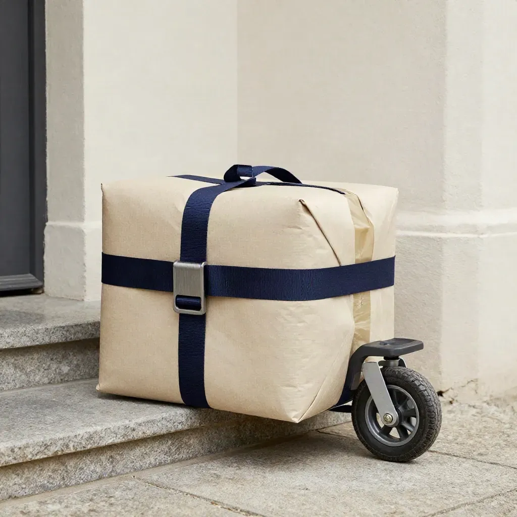 Colis de collecte maintenu par une sangle bleu nuit et une roue de chariot sur un seuil clair.
