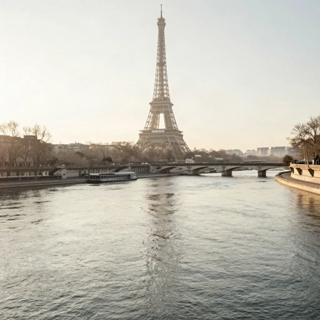 La Seine à Paris au golden hour avec la tour Eiffel et les ponts dans une brume douce.