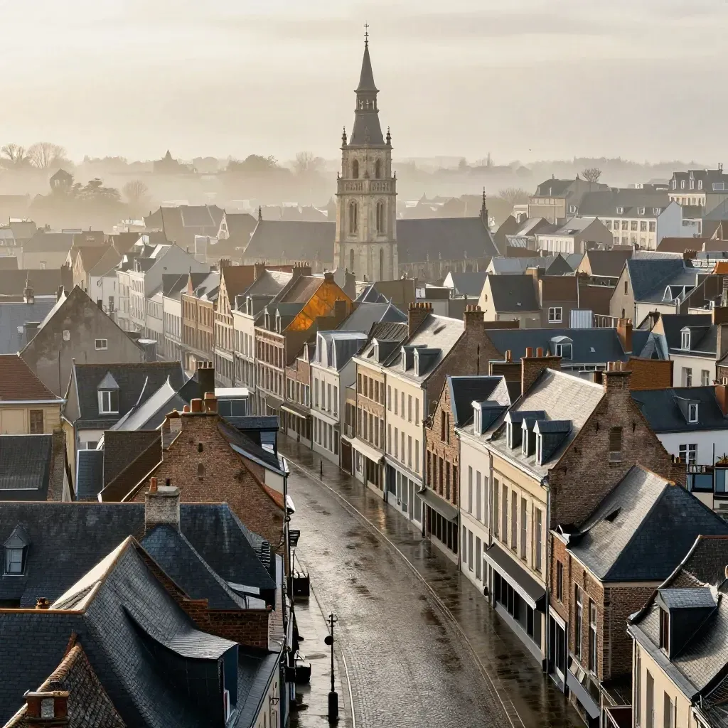 Belfroi de Lille et toits de briques sous la lumière chaude après la pluie