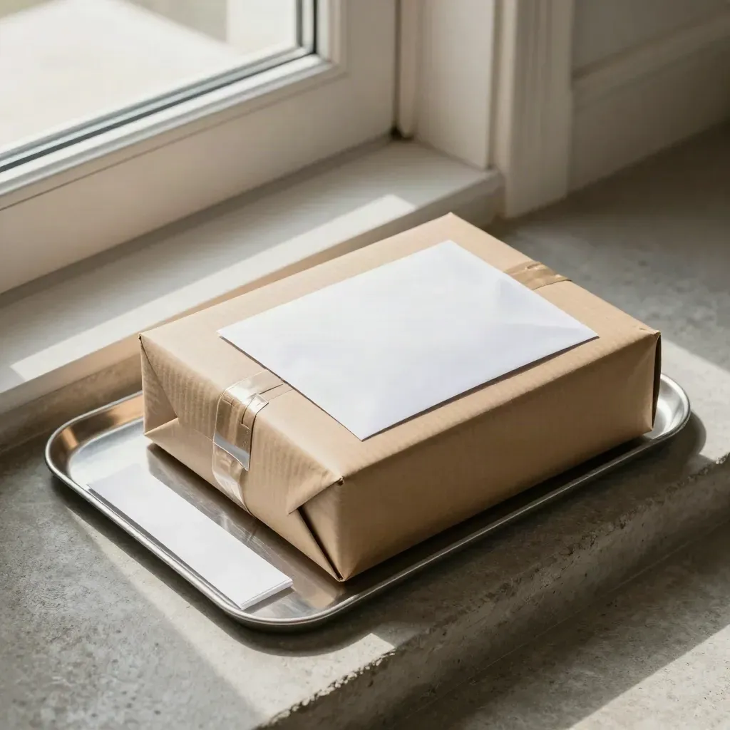 Colis livré sur un seuil en pierre, avec bac métallique et pochette de remise.