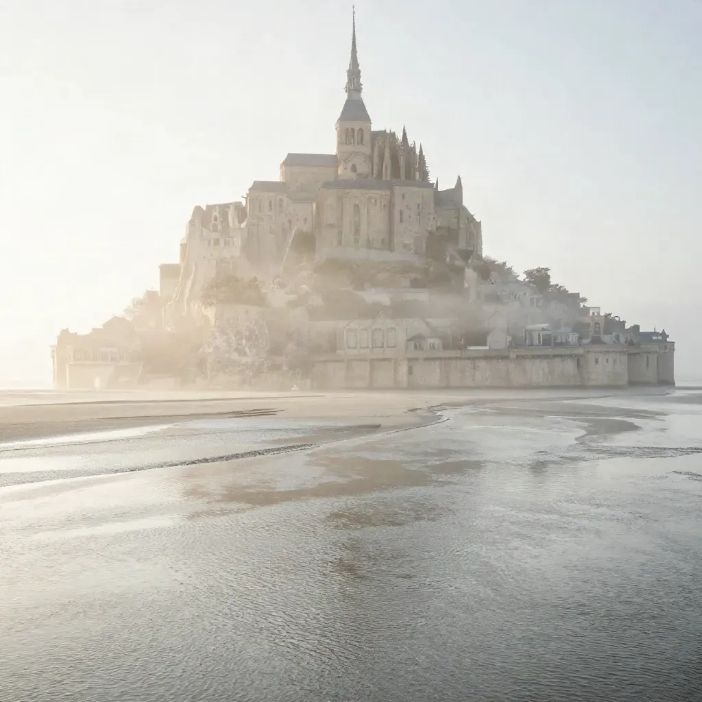 Le Mont-Saint-Michel émerge de la brume au-dessus des marées au lever du soleil.
