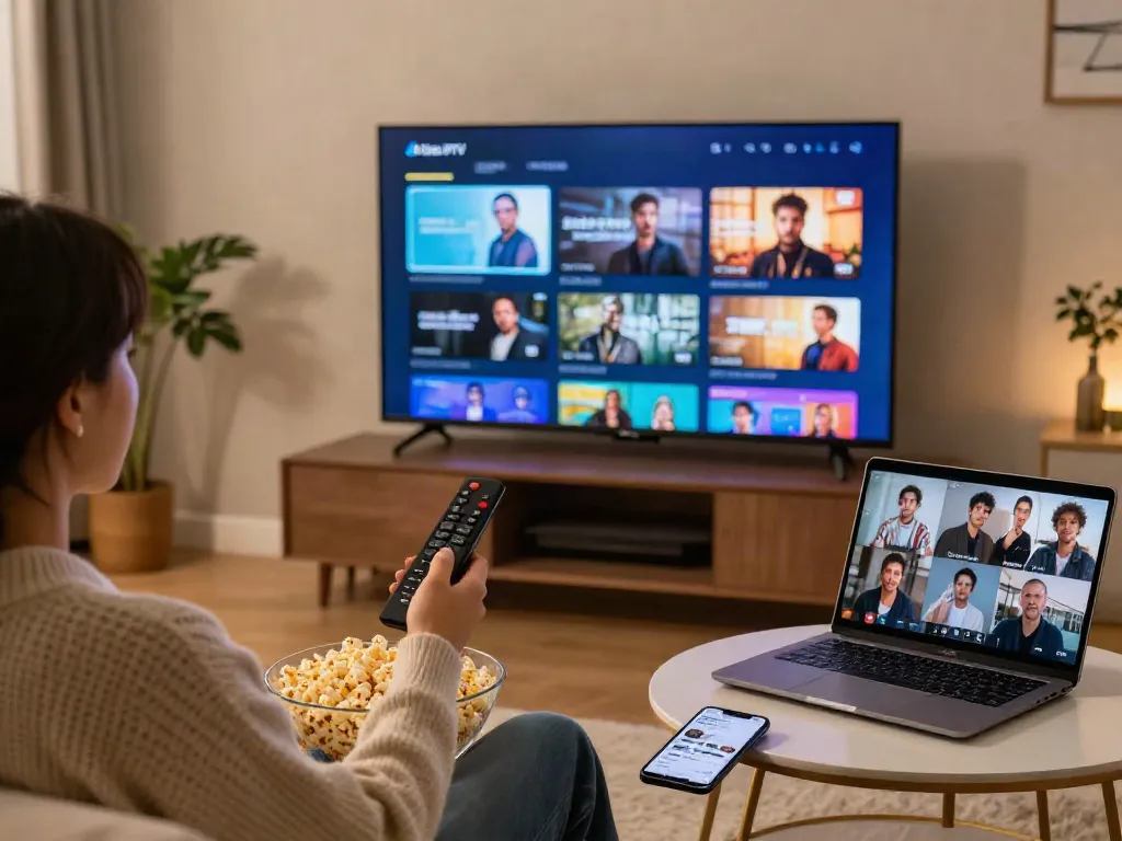 Vision du salon moderne avec une personne utilisant Atlas Iptv pour regarder la télévision et naviguer sur l'interface.